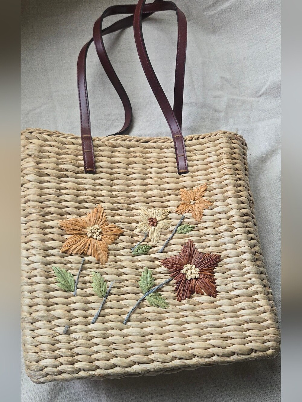 Woven Straw Tote with Floral Motif - Brown Straps